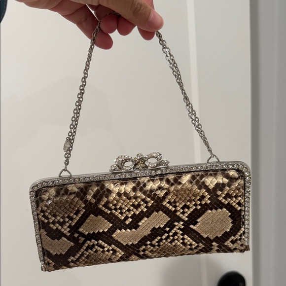 Handbags - Elegant Snake Print Clutch with Chain Strap